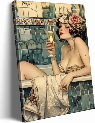 WWN Arte de Pared Vintage para Baño, Lienzo Victoriano, Mujer Divertida en Bañera, Decoración de Pared, Decoración de Bar de Champán de Moda, Lienzo