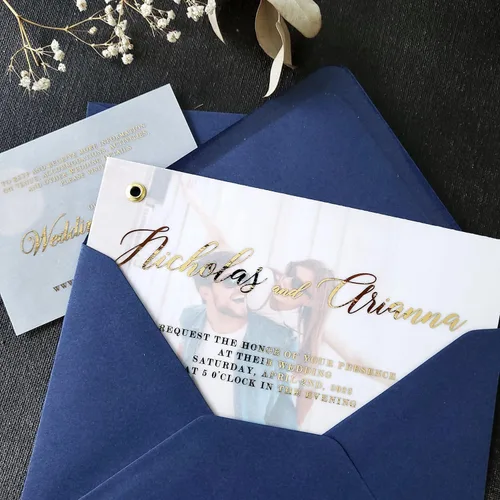 Miniatura 2 de Invitaciones de boda elegantes de Vellum con lámina dorada e imagen, invitación personalizada en oro, plata, oro rosa, invitaciones con foto