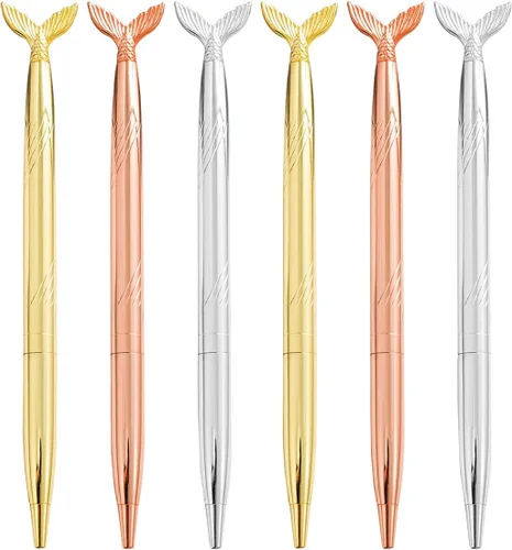 6 bolígrafos de metal con tinta negra, juego de bolígrafos delgados metálicos brillantes, decoración de fiesta de boda, suministros escolares de