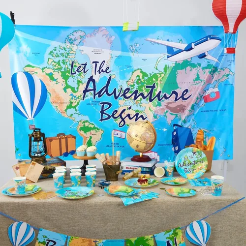 Miniatura 4 de WERNNSAI Bon Voyage - Telón de fondo para fiesta de cumpleaños con temática de viaje, 73 x 43 pulgadas, decoración de fiesta de cumpleaños