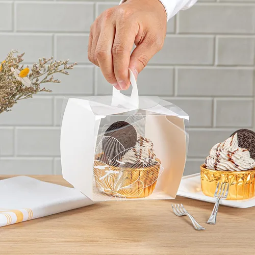 Miniatura 5 de Restaurantware - Cajas individuales para cupcakes de 4 x 4.25 pulgadas, 100 cajas de exhibición desechables para cupcakes - Con asa, acento de loto