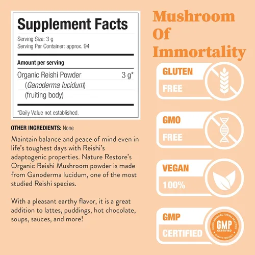 Miniatura 2 de Nature Restore Polvo de hongos Reishi orgánico certificado por USDA, 10 onzas, sin OMG, sin gluten, empaquetado en California, Ganoderma
