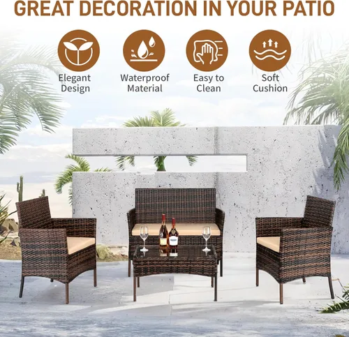 Miniatura 5 de Outvita Juego de muebles de patio de 4 piezas, juegos de conversación de ratán con sofá biplaza suave y mesa de cristal para jardín, patio, balcón