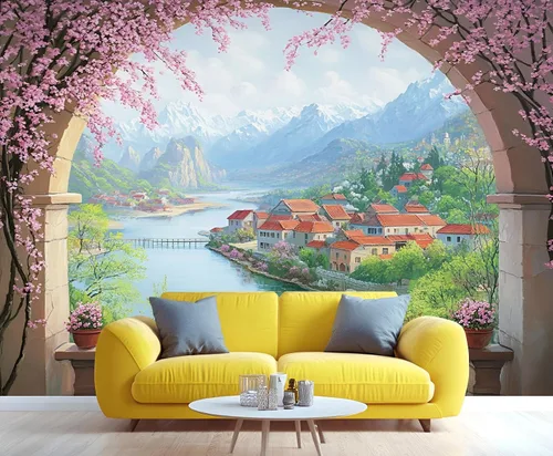 Miniatura 32 de Papel tapiz 3D de bicicleta rosa vintage, murales de flores de paisaje de primavera para sala de estar, pintura al óleo, papel tapiz rústico