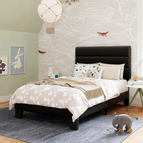 GOLDORO Base de cama de plataforma de tamaño individual con cabecera tapizada, soporte de listones de madera, no necesita somier, fácil montaje,