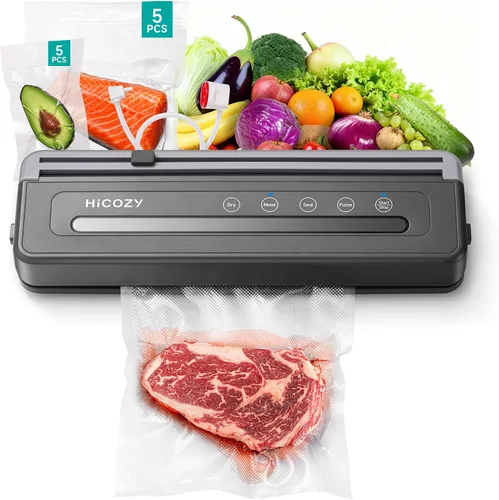 HiCOZY Sellador al vacío compacto para alimentos, sellador al vacío 5 en 1 con doble sellado térmico, cortador integrado, 10 bolsas sin BPA, gris