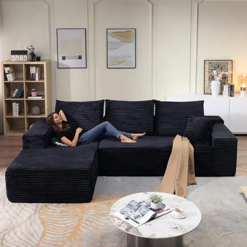 Miniatura 34 de Sofá seccional modular de 96", sofá en forma de L tipo nube sin estructura con chaise lounge, tapizado de pana con asiento profundo de espuma Negro