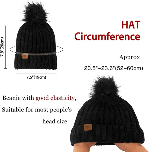 Miniatura 6 de ZOORON Gorro de invierno para mujer, de punto grueso, de piel sintética, pompón, gorro holgado