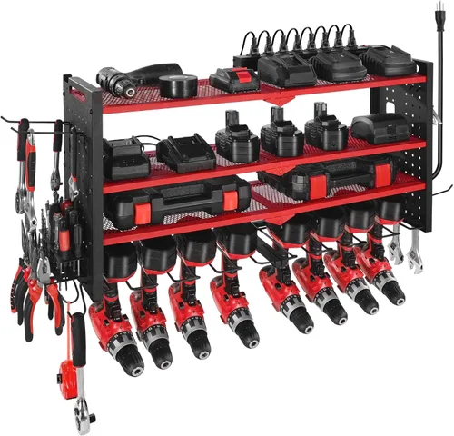 Miniatura 10 de VEVOR Organizador de herramientas eléctricas con estación de carga, estante de almacenamiento para taladros de 3 capas con 4 soportes para taladros