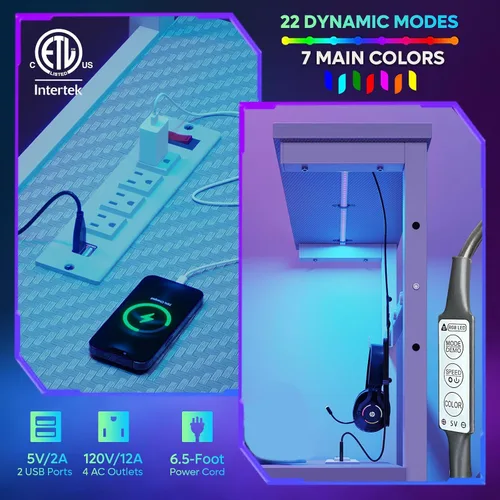 Miniatura 5 de Bestier Escritorio para juegos con tomas de corriente, escritorio LED grande de 61 pulgadas con estantes reversibles de 4 niveles, mesa