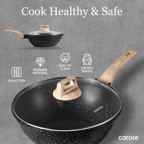 Miniatura 7 de CAROTE Wok antiadherente con tapa de 30.5 cm/4.99 L Woks y sartenes para freír Sartén wok antiadherente de granito para inducción Sartén para freír