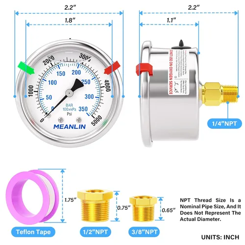 Miniatura 71 de MEANLIN MEASURE Medidor de presión de acero inoxidable relleno de líquido de 0 ~ 300 psi, esfera de cara NPT de 2 pulgadas para compresor de aire