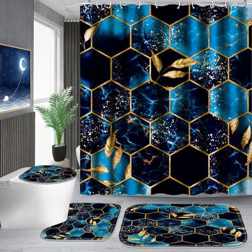 Miniatura 14 de Poedist Juego de 4 cortinas de ducha de baño, juegos de baño con alfombras (tapete de baño, forma de U y tapa de inodoro) y 12 ganchos, mármol
