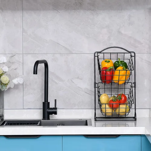 Miniatura 5 de Cesta de frutas de hierro de 2 niveles para encimera de cocina, pan, frutas y verduras, cesta de almacenamiento de alambre colgante para organizador