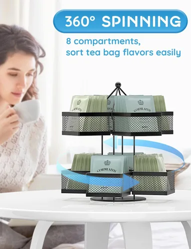Miniatura 2 de Organizador de bolsas de té, soporte de almacenamiento para bolsitas de té, carrusel giratorio para 96 bolsitas de té, contenedor de bolsitas de té