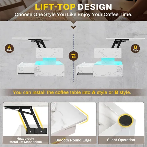 Miniatura 6 de SEDETA Mesa de centro elevable de 40 pulgadas, mesas de centro con almacenamiento para sala de estar, mesa de centro pequeña con 2 cajones y luz LED