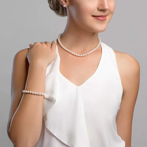 Miniatura 3 de The Pearl Source Juego de collar de perlas cultivadas Akoya de oro de 14 quilates de 6.5 a 0.276in de longitud de princesa para mujer, Perla, Perla