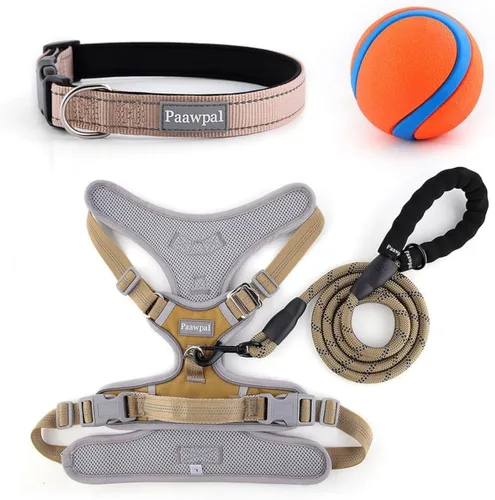 Miniatura 10 de Arnés ajustable para perro, sin tirones, reflectante, acolchado suave para perros pequeños, medianos y grandes, incluye correa y collar, beige, XS