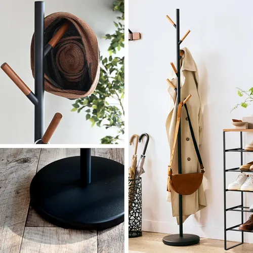 Miniatura 5 de Yamazaki Inicio Perchero independiente con ganchos de madera, ahorro de espacio de acero talla única negro