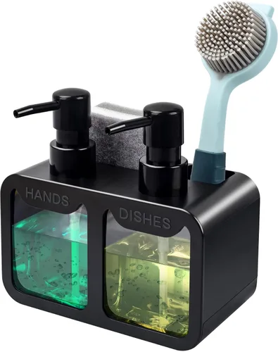 Juego de dispensador de jabón de manos y jabón para platos, dispensador de jabón doble con organizador de esponja y soporte para cepillo,