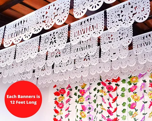 Miniatura 8 de Decoración de Feliz Navidad, papel picado mexicano blanco, paquete de 5 carteles de Feliz Navidad para fiesta de Navidad, hecho de papel de seda
