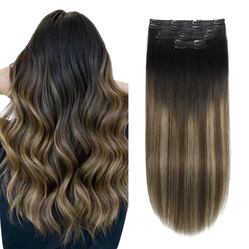 Miniatura 23 de XDhair Extensiones de cabello humano Remy con pinzas, color marrón medio #4, mezclado con rubio caramelo #27, 3.53 oz, 6