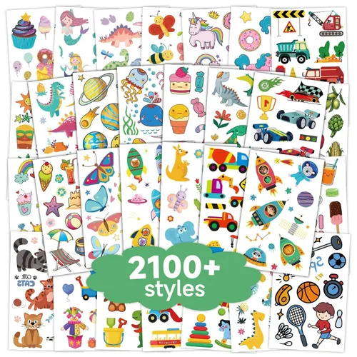 EMOME Más de 2100 estilos de tatuajes para niños, 168 hojas de tatuajes temporales para niños, recuerdos de fiesta, decoraciones de cumpleaños,
