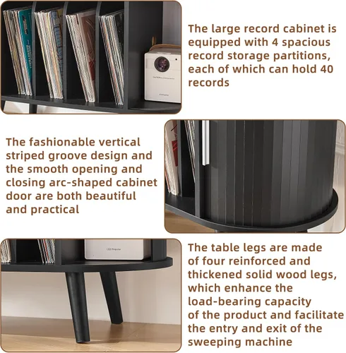 Miniatura 6 de LELELINKY - Soporte grande redondo para tocadiscos con estación de carga y estante de exhibición acanalado, gabinete para tocadiscos color negro