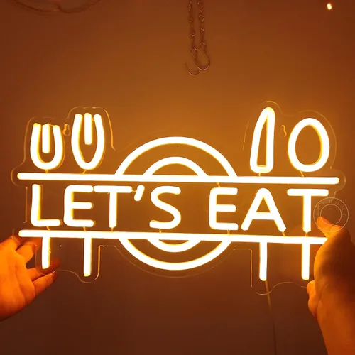 Miniatura 2 de SYLHOME Letrero de luz LED de neón con texto en inglés "Let's Eat", tenedor, cuchillo, cuchara, plato, plato para restaurante de alimentos, cocina