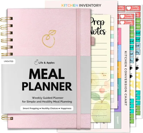 Life & Apples Agenda de comidas con lista de comestibles – Menú semanal sin fecha y cuaderno de preparación de comidas para mujeres y hombres, Oro
