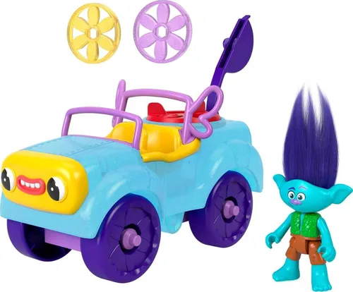Fisher-Price Imaginext DreamWorks Trolls Toys Branch's Buggy, Push Along Car & Figure Playset para juegos de simulación para niños a partir de 3 años
