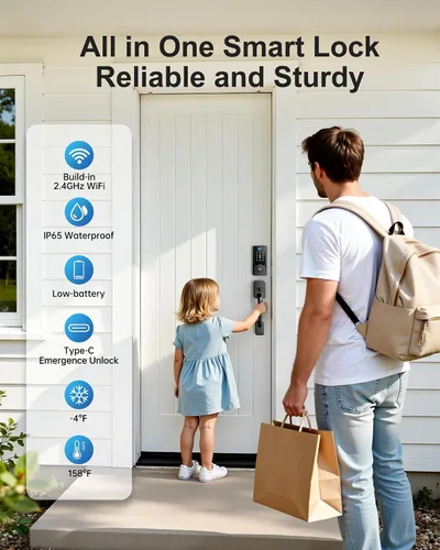 Miniatura 3 de Cerradura inteligente WiFi con asa, cerradura de puerta WiFi integrada, cerrojo de entrada sin llave para puerta delantera, huellas dactilares