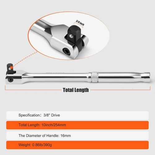 Miniatura 6 de Matework Barra disyuntora de 3/8 pulgadas, barra disyuntora de extensión de 10 pulgadas de largo con cabezal flexible Cr-V de 180 grados y mango