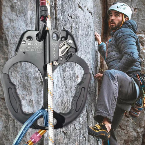 Miniatura 7 de Ascensor de mano CE, equipo de engranaje de rapel de 308.6 lbs con mango de goma ergonómico para arbolista de árboles de escalada en roca