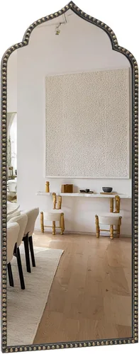 Miniatura 10 de Marlowe - Espejo de pared, 22 pulgadas de ancho x 38 pulgadas de alto, negro antiguo, marco de cuentas de metal, espejo de pared de arco