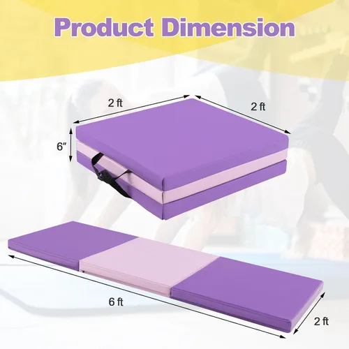 Miniatura 7 de Goplus Esterilla de Gimnasia Plegable, 6' x 2' x 2'' de Grosor Tri-Fold Esterilla de Ejercicio y Volteretas con Asas de Transporte, Cierre de Gancho