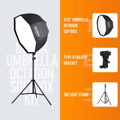 Miniatura 4 de Godox Photo Studio 80 cm 31.5 pulgadas Sombrilla octogonal portátil Softbox, soporte de trípode de 190 cm con soporte para zapata caliente