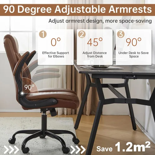 Miniatura 4 de YFO Silla ergonómica de cuero para oficina en casa, silla de oficina ejecutiva giratoria con soporte trasero con ruedas y reposabrazos abatibles