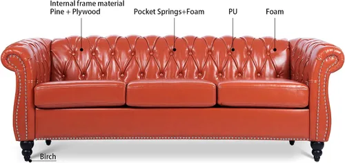 Miniatura 5 de Chesterfield - Sofá tapizado de piel sintética, con respaldo copetudo, sofá clásico de cuero de 3 plazas, brazo enrollado para sala de estar, Naranja