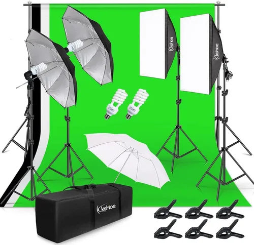 Kit de iluminación fotográfica, sistema de soporte de fondo de 2M x 3M/6.6ft x 9.8ft y kit de iluminación continua con softbox de sombrillas de 900W