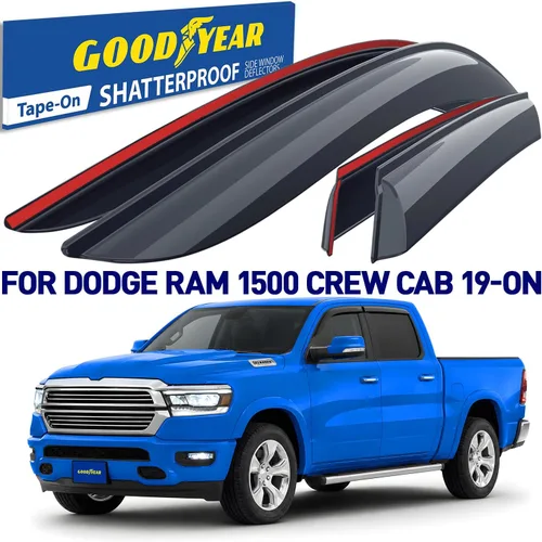 Miniatura 2 de Goodyear Deflectores de ventana lateral inastillables para camiones Dodge RAM 1500 2019-2026 Crew Cab, protectores de lluvia con cinta, viseras