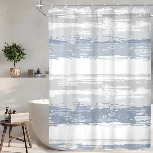 Miniatura 20 de KOMLLEX Cortina de ducha abstracta azul para decoración de baño, 72 pulgadas de ancho x 72 pulgadas de alto, moderna, a rayas blancas y grises