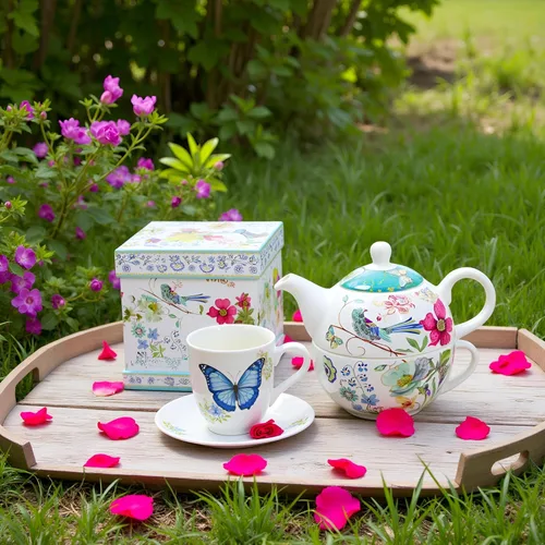 Miniatura 6 de Juego de té de porcelana de hueso Lightahead para una persona en diseño de pájaro azul, en atractiva caja de regalo reutilizable hecha a mano