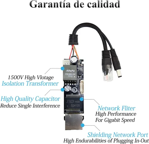 Miniatura 7 de Divisor PoE Gigabit 12V 2A Salida con IEEE 802.3af/at Cumple con el estándar 10,100,1000Mbps Divisor Adaptador de alimentación a través de Ethernet