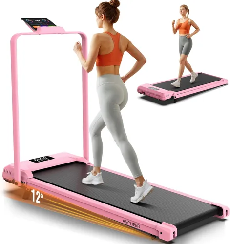 ANCHEER Cinta de correr con inclinación del 12%/15% de 3.5HP, máquina plegable para debajo del escritorio con barra de mano, capacidad de 320-450lb,