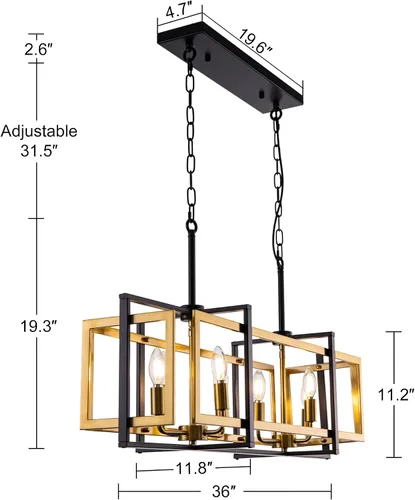 Miniatura 2 de TOCHIC Lámpara rectangular de 8 luces para isla de cocina, color negro y dorado, moderna lámpara lineal de isla para cocina, isla de cocina