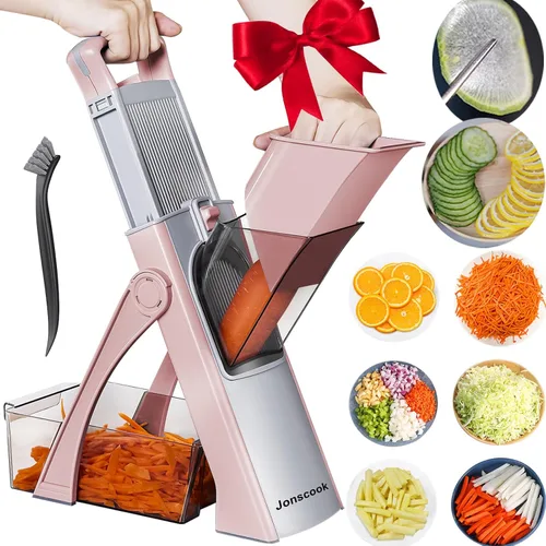 Miniatura 17 de Jonscook Rebanador de mandolina todo en uno seguro para cocina, picador de alimentos con contenedor, cortador de verduras con grosor ajustable