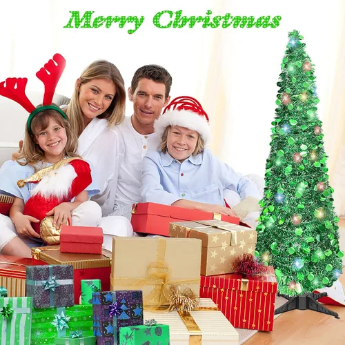 Miniatura 7 de Árbol de Navidad de 5 pies tipo lápiz, árbol artificial plegable con lentejuelas, árbol de Navidad tipo lápiz delgado con escarcha, árbol de Navidad