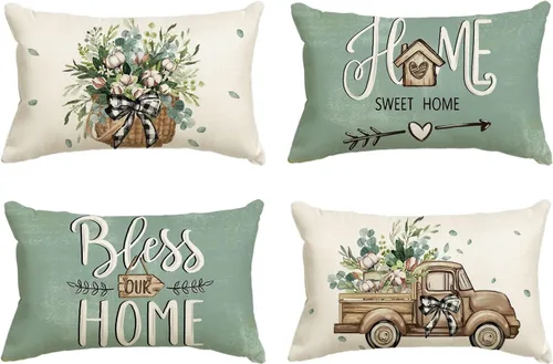 Miniatura 19 de AVOIN colorlife - Fundas de cojín estilo granja con mensaje Bless Our Home, diseño de hojas de eucalipto y camión azul Home Sweet Home, 16 x 16