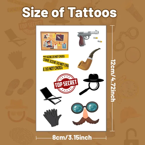 Miniatura 3 de 20 hojas de tatuajes temporales de detective espía de agente secreto, pistas de detective misterioso, recuerdos de fiesta, accesorios de decoración
